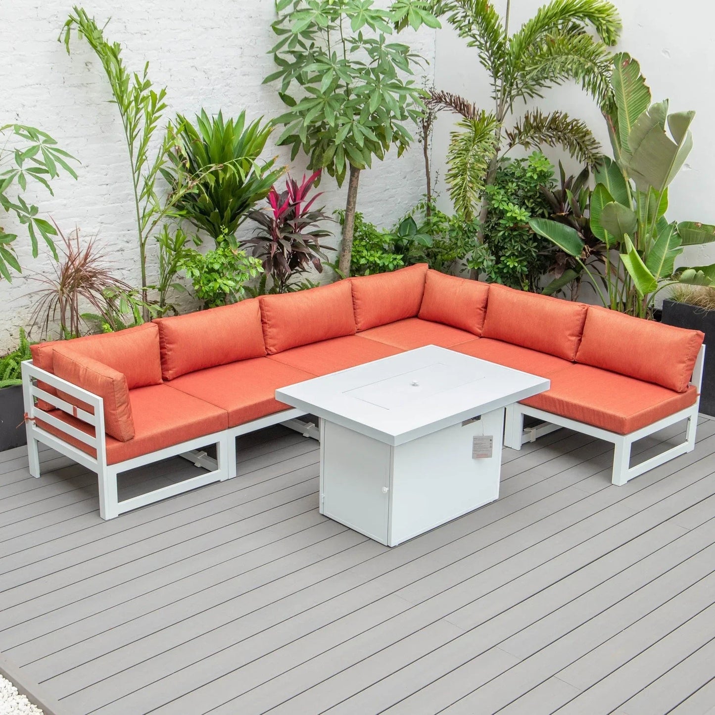 Chelsea 7-Piece Patio Sectional And Fire Pit Table In White Aluminum With Cushions - Elax Furniture