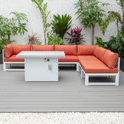 Chelsea 7-Piece Patio Sectional And Fire Pit Table In White Aluminum With Cushions - Elax Furniture