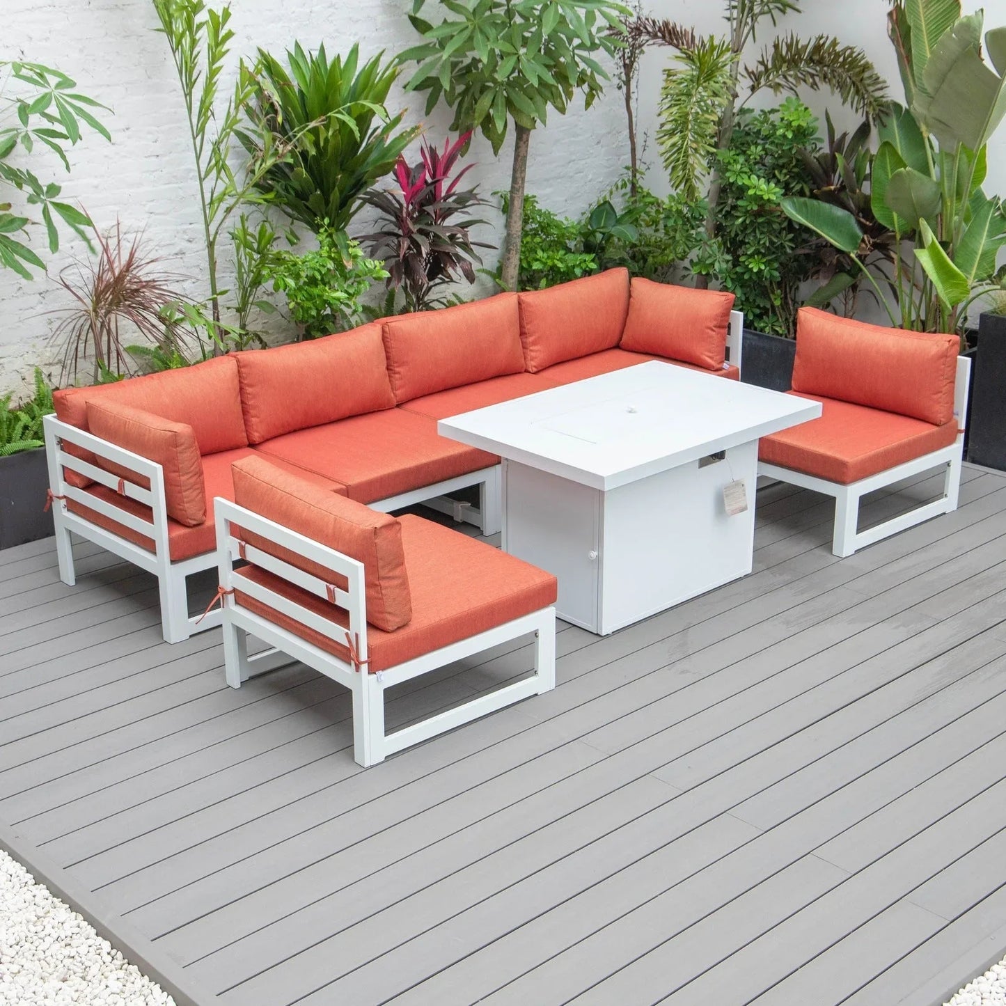 Chelsea 7-Piece Patio Sectional And Fire Pit Table In White Aluminum With Cushions - Elax Furniture