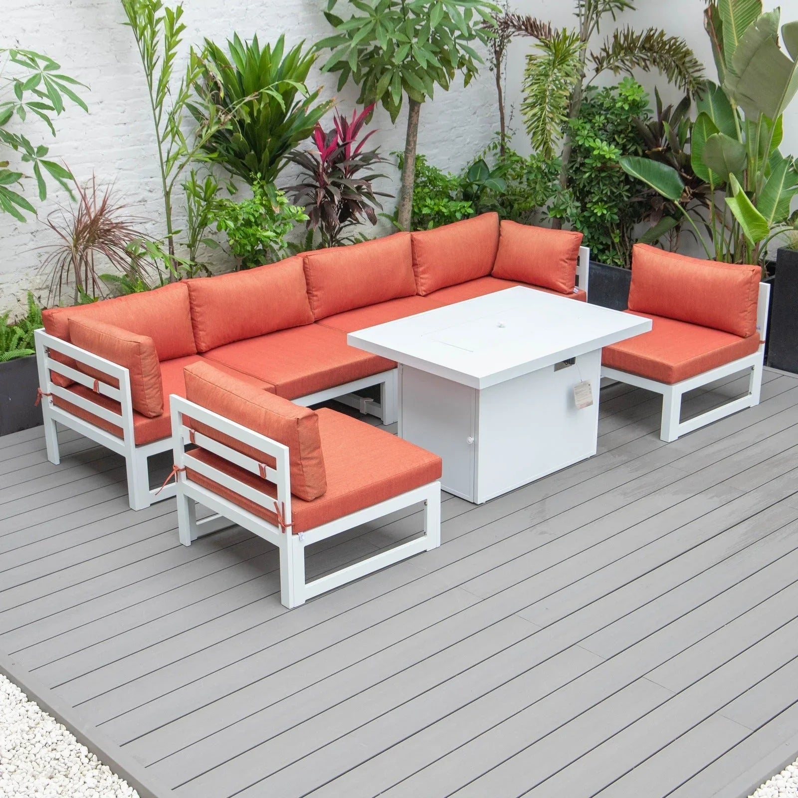 Chelsea 7-Piece Patio Sectional And Fire Pit Table In White Aluminum With Cushions - Elax Furniture