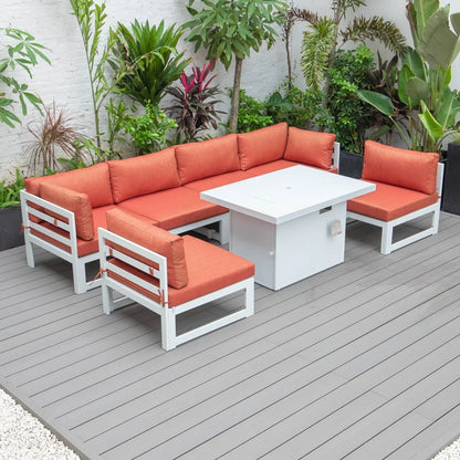 Chelsea 7-Piece Patio Sectional And Fire Pit Table In White Aluminum With Cushions - Elax Furniture