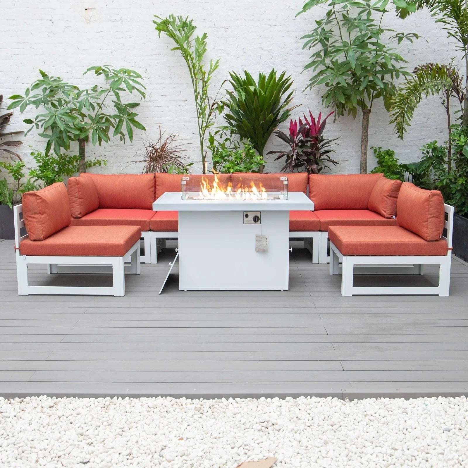 Chelsea 7-Piece Patio Sectional And Fire Pit Table In White Aluminum With Cushions - Elax Furniture