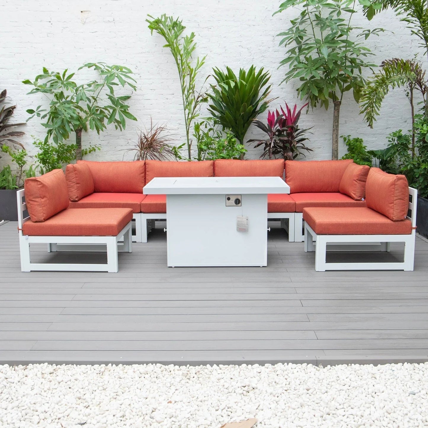 Chelsea 7-Piece Patio Sectional And Fire Pit Table In White Aluminum With Cushions - Elax Furniture