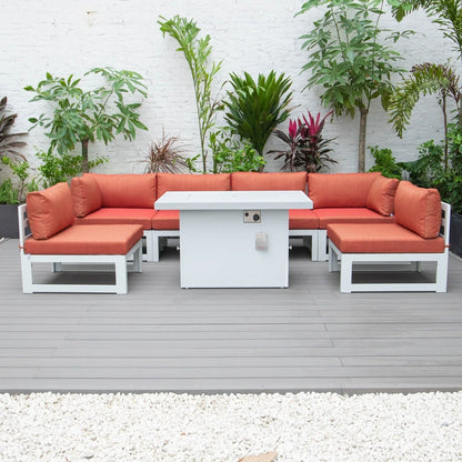 Chelsea 7-Piece Patio Sectional And Fire Pit Table In White Aluminum With Cushions - Elax Furniture