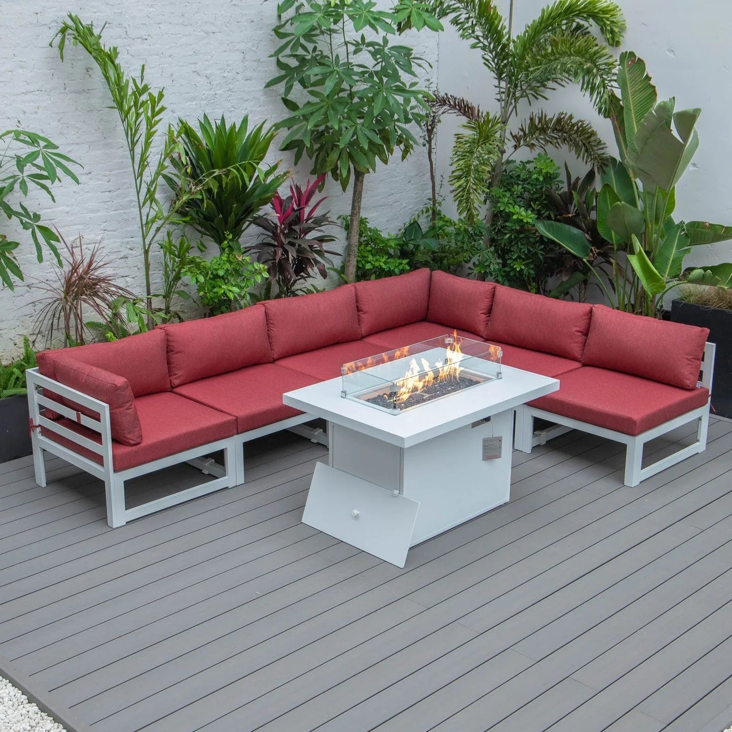 Chelsea 7-Piece Patio Sectional And Fire Pit Table In White Aluminum With Cushions - Elax Furniture