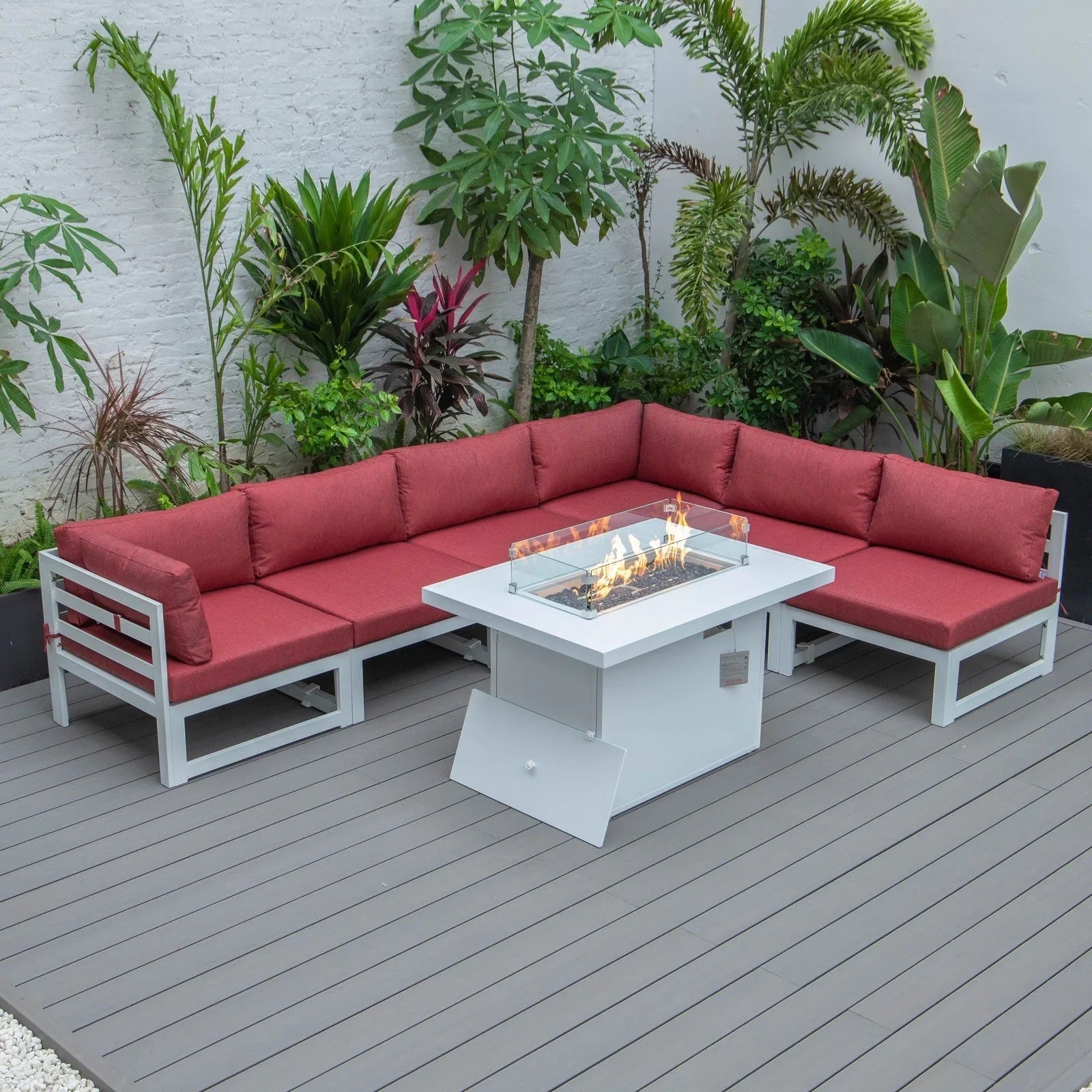Chelsea 7-Piece Patio Sectional And Fire Pit Table In White Aluminum With Cushions - Elax Furniture