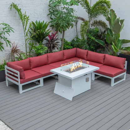 Chelsea 7-Piece Patio Sectional And Fire Pit Table In White Aluminum With Cushions - Elax Furniture