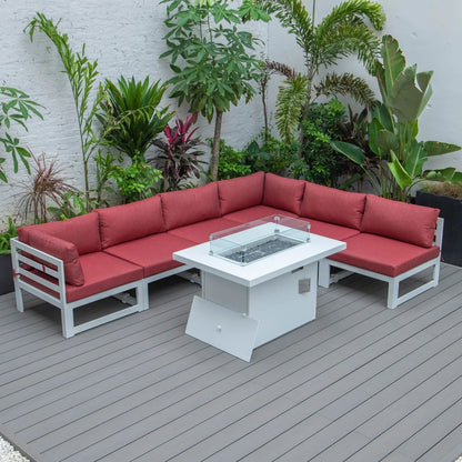 Chelsea 7-Piece Patio Sectional And Fire Pit Table In White Aluminum With Cushions - Elax Furniture