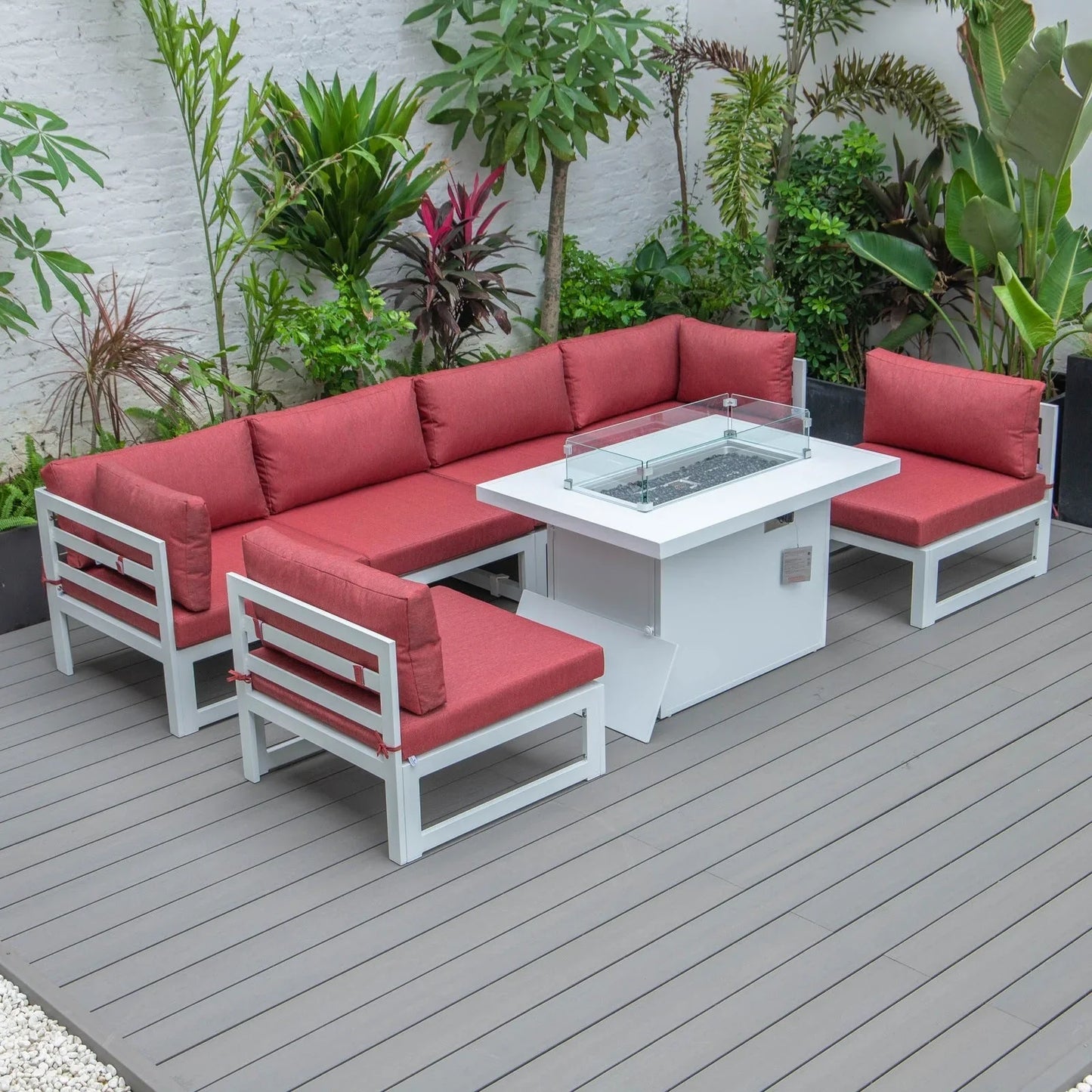 Chelsea 7-Piece Patio Sectional And Fire Pit Table In White Aluminum With Cushions - Elax Furniture