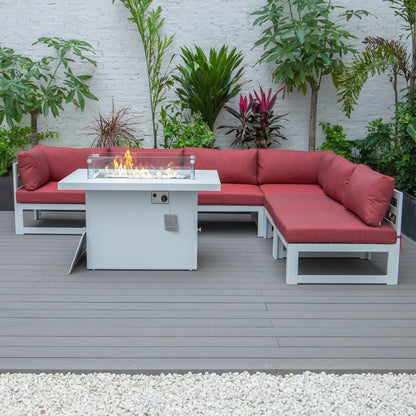 Chelsea 7-Piece Patio Sectional And Fire Pit Table In White Aluminum With Cushions - Elax Furniture