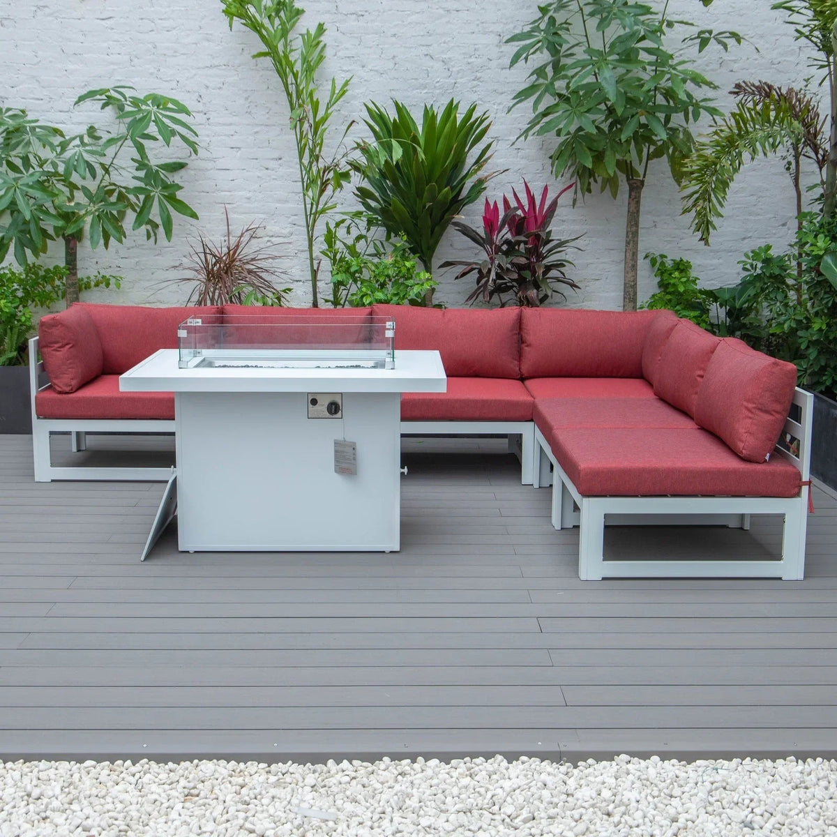 Chelsea 7-Piece Patio Sectional And Fire Pit Table In White Aluminum With Cushions - Elax Furniture