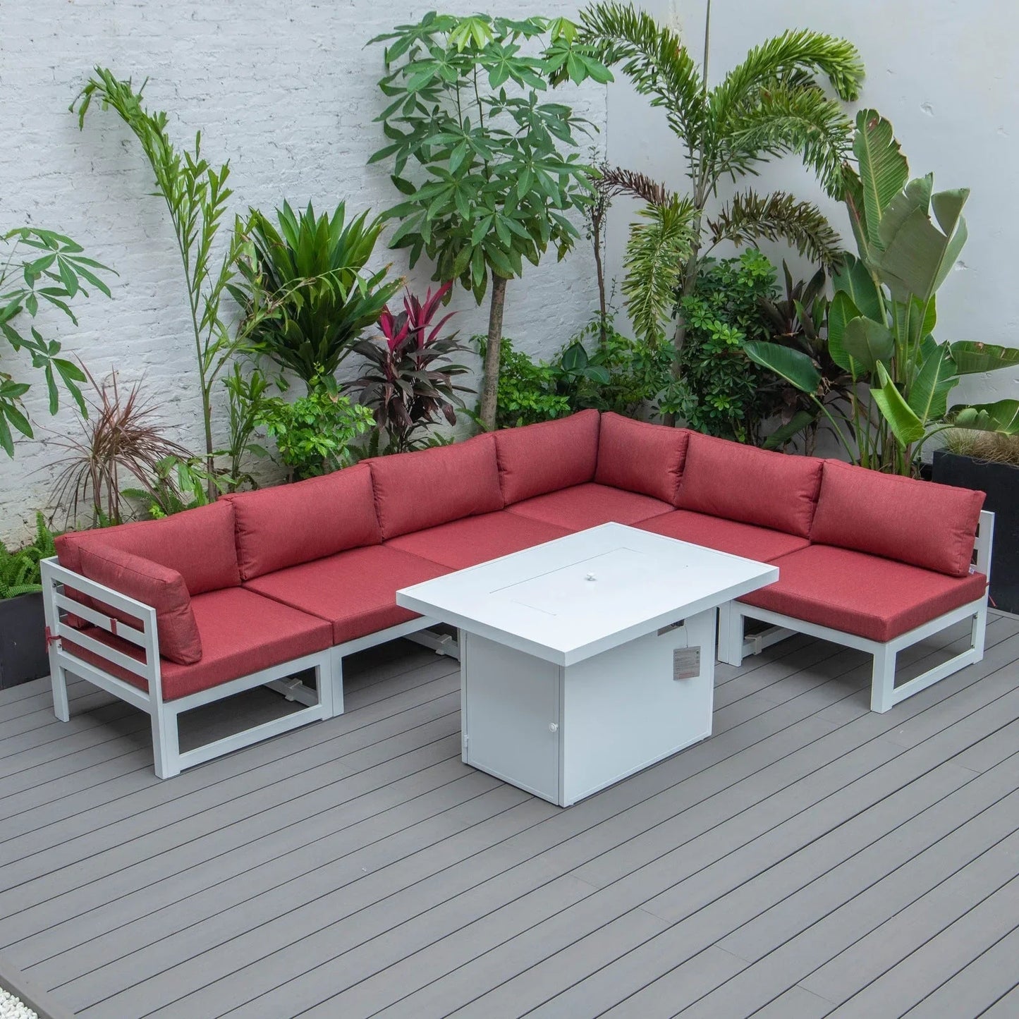 Chelsea 7-Piece Patio Sectional And Fire Pit Table In White Aluminum With Cushions - Elax Furniture