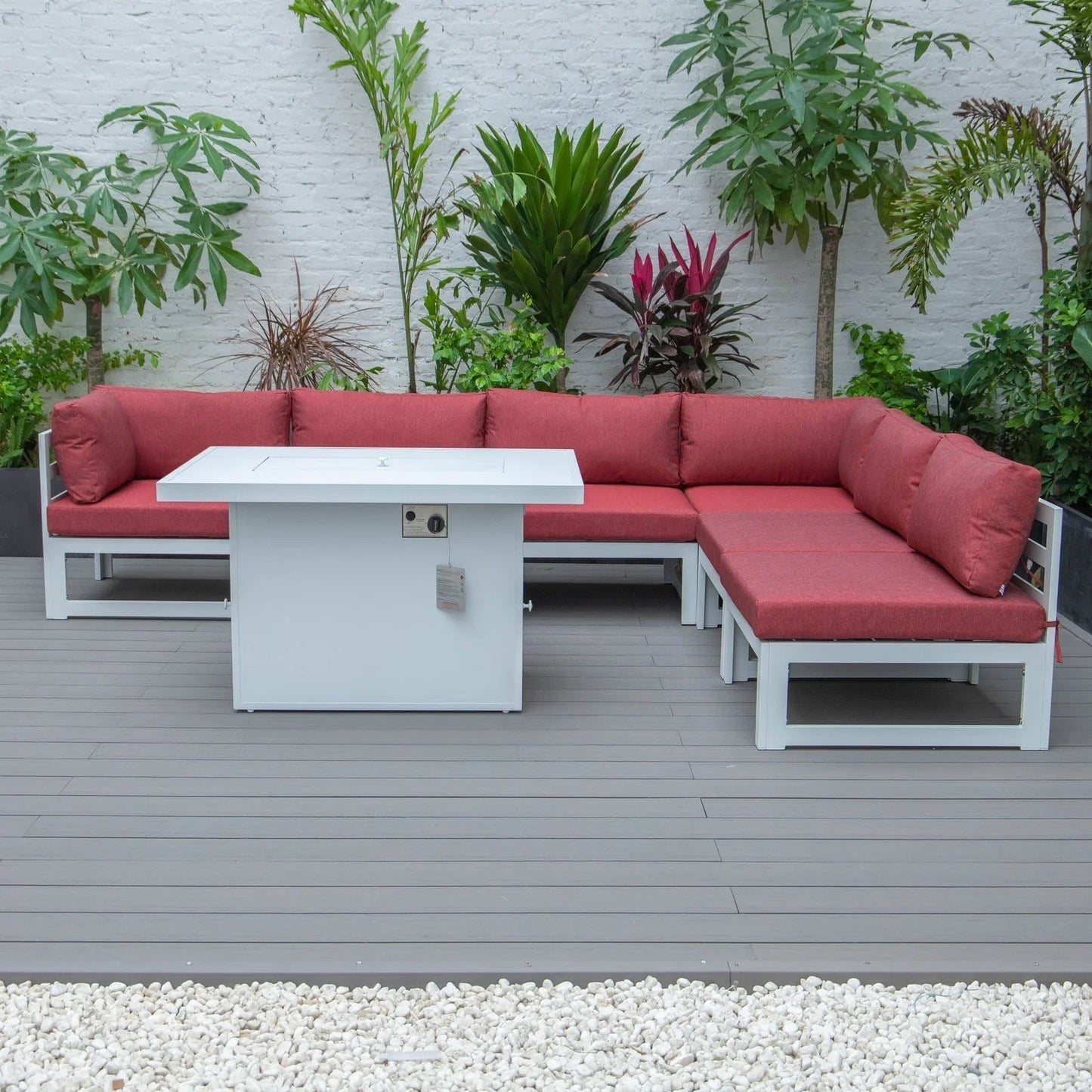 Chelsea 7-Piece Patio Sectional And Fire Pit Table In White Aluminum With Cushions - Elax Furniture