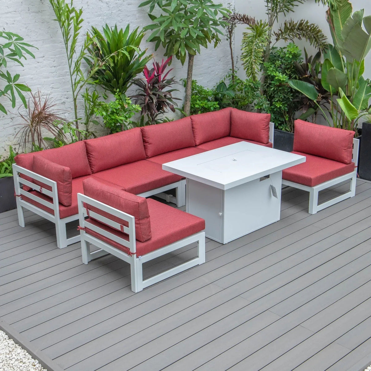 Chelsea 7-Piece Patio Sectional And Fire Pit Table In White Aluminum With Cushions - Elax Furniture