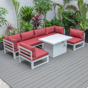 Chelsea 7-Piece Patio Sectional And Fire Pit Table In White Aluminum With Cushions - Elax Furniture