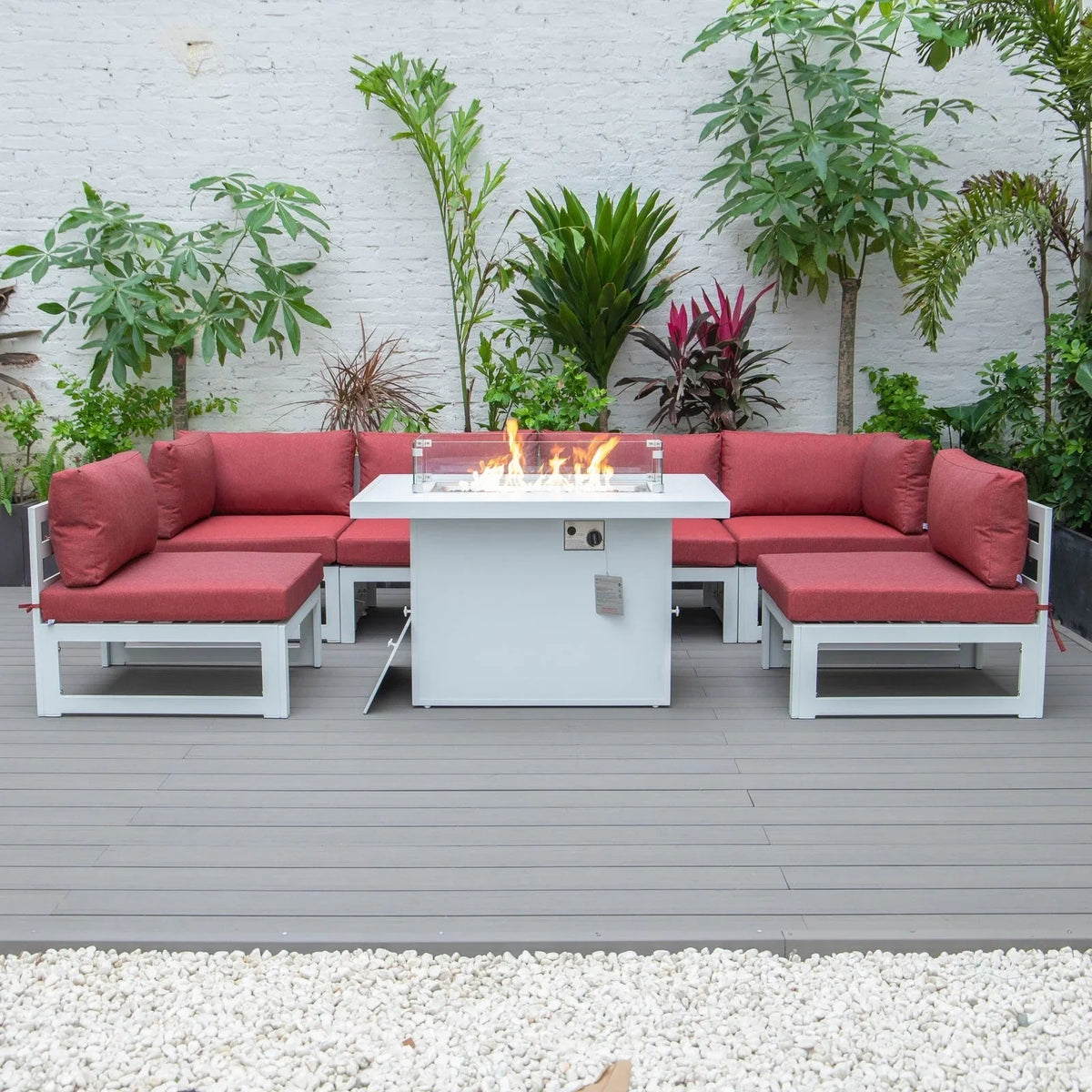 Chelsea 7-Piece Patio Sectional And Fire Pit Table In White Aluminum With Cushions - Elax Furniture
