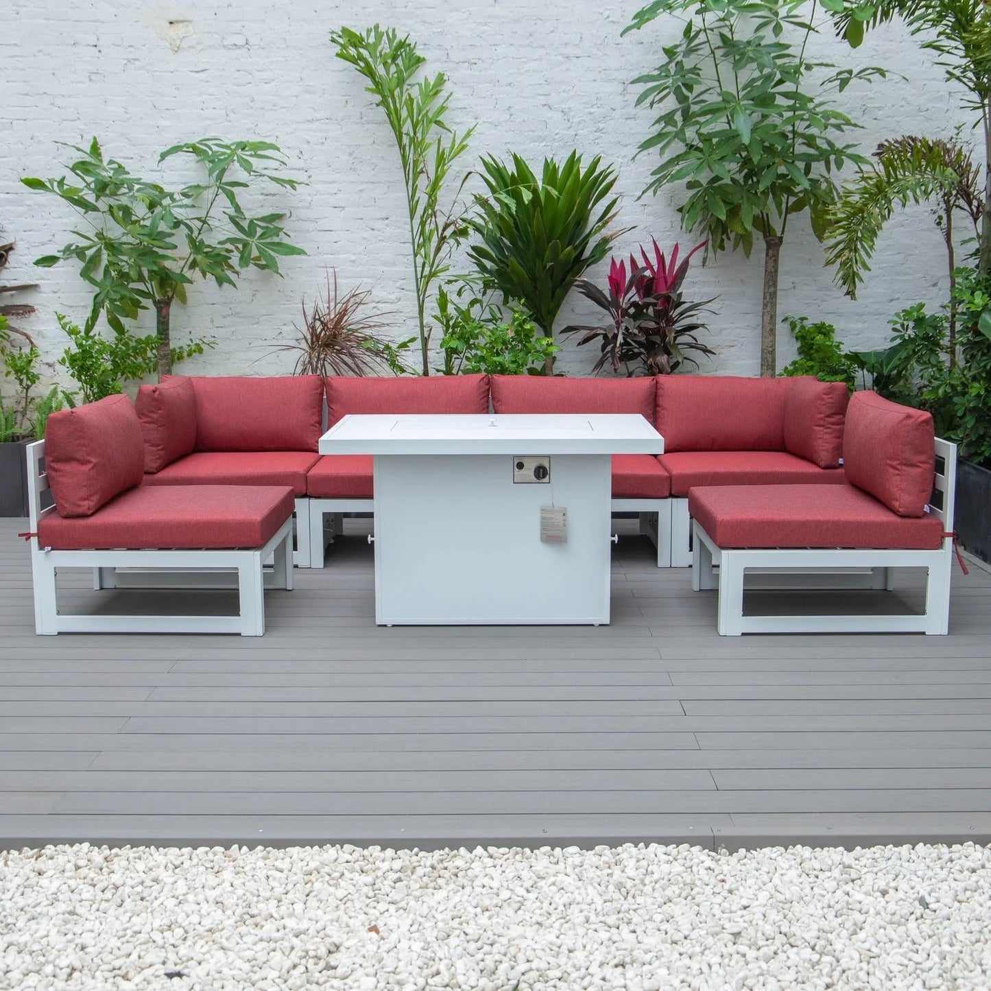 Chelsea 7-Piece Patio Sectional And Fire Pit Table In White Aluminum With Cushions - Elax Furniture