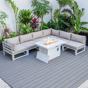 Chelsea 7-Piece Patio Sectional And Fire Pit Table In Weathered Grey Aluminum With Cushions - Elax Furniture