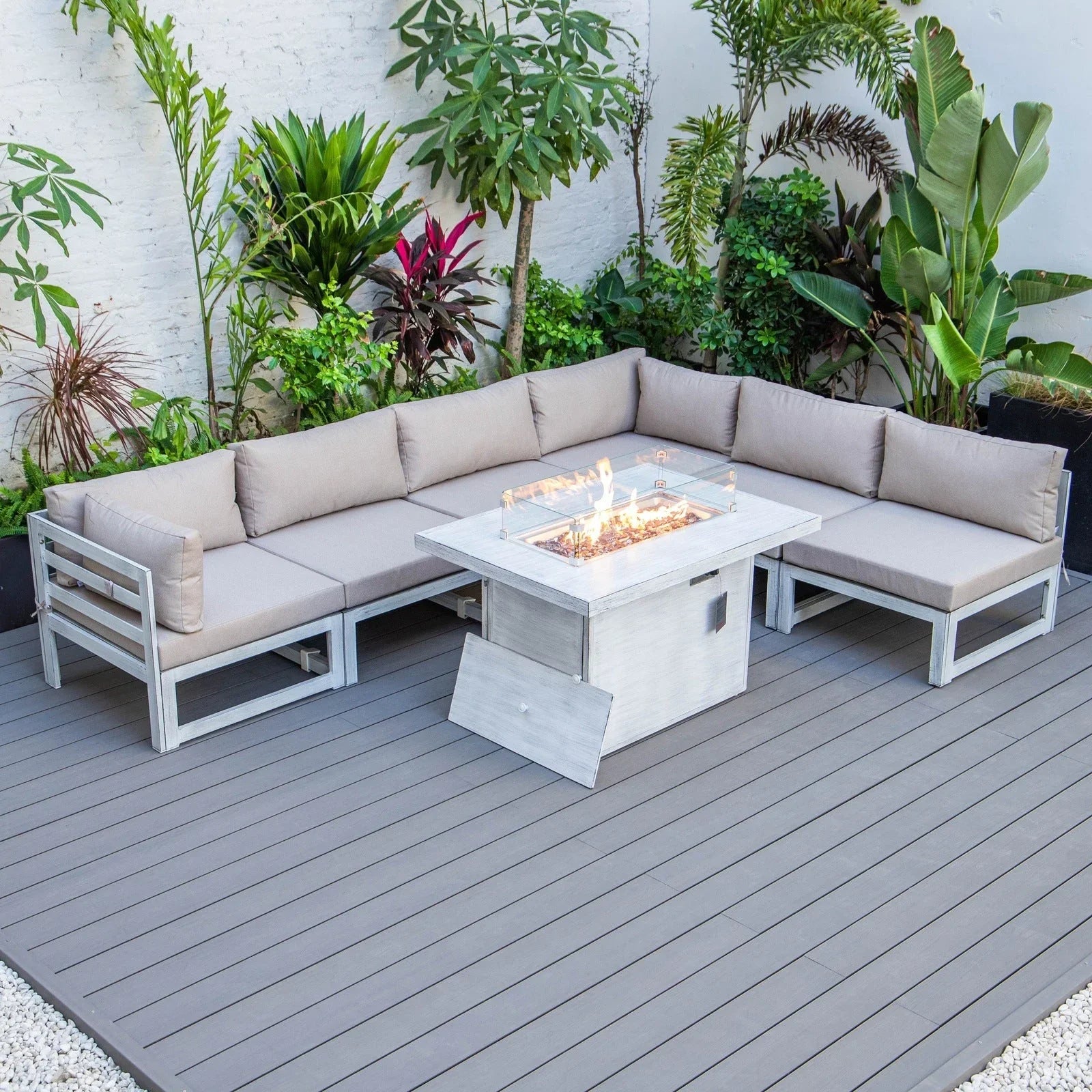 Chelsea 7-Piece Patio Sectional And Fire Pit Table In Weathered Grey Aluminum With Cushions - Elax Furniture