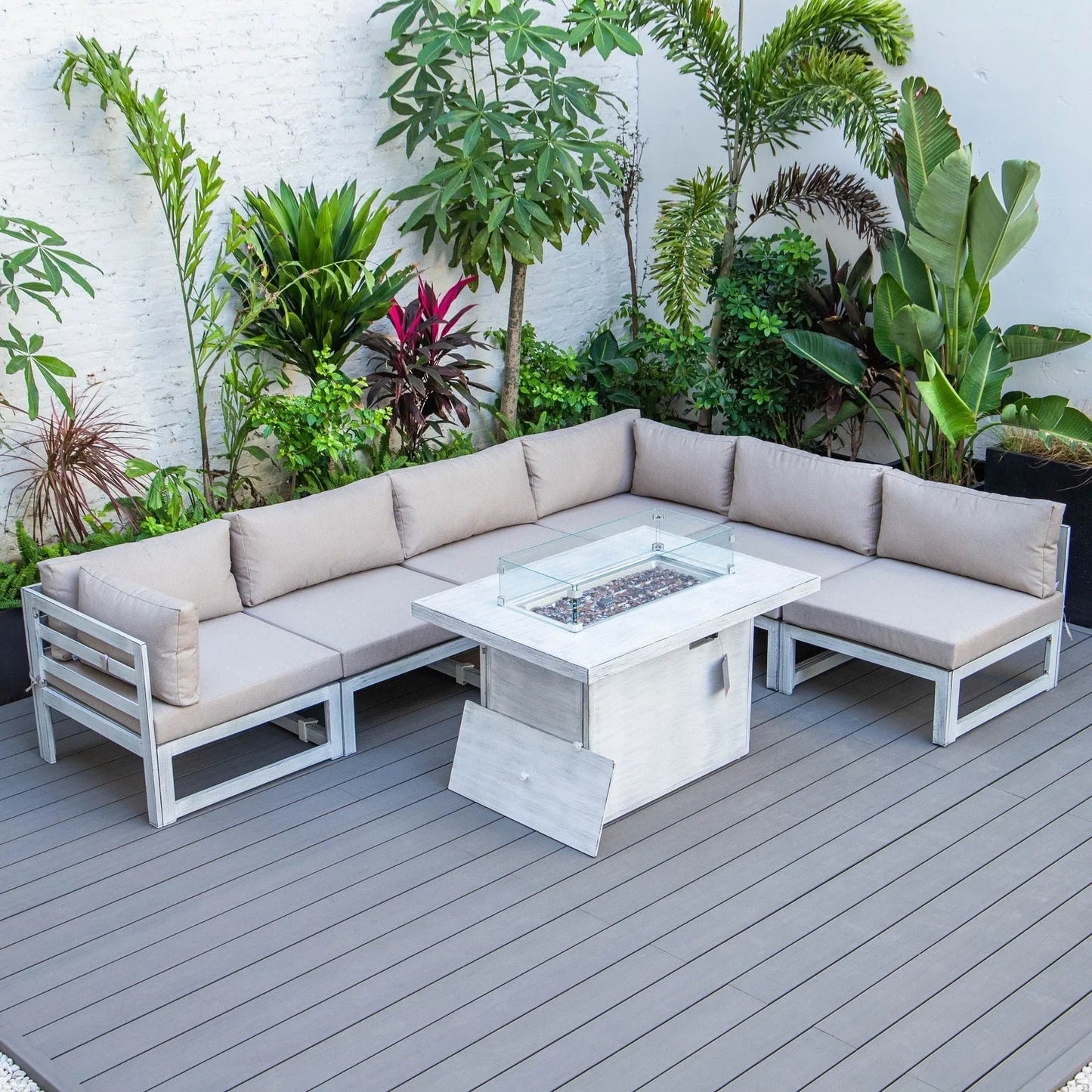 Chelsea 7-Piece Patio Sectional And Fire Pit Table In Weathered Grey Aluminum With Cushions - Elax Furniture