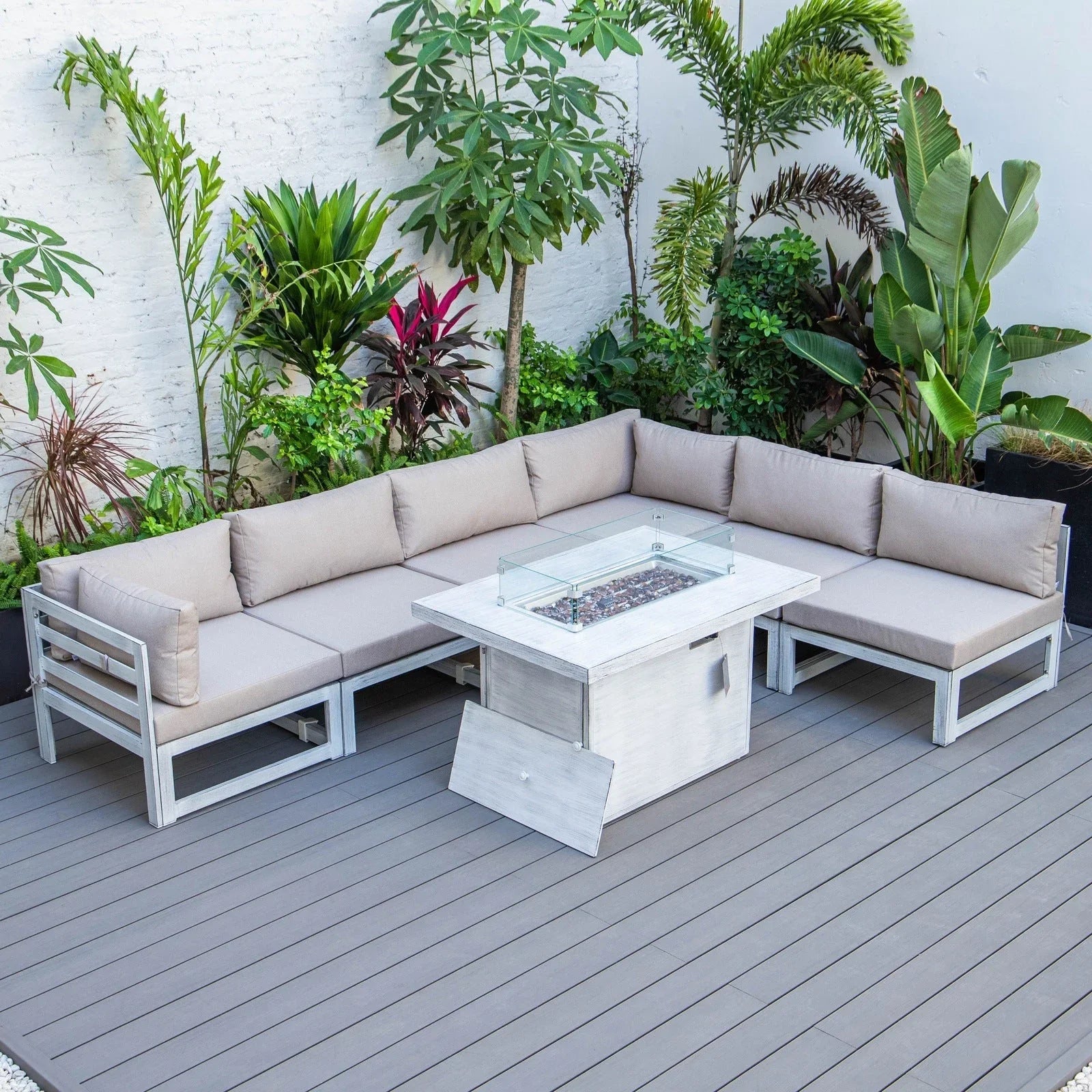 Chelsea 7-Piece Patio Sectional And Fire Pit Table In Weathered Grey Aluminum With Cushions - Elax Furniture