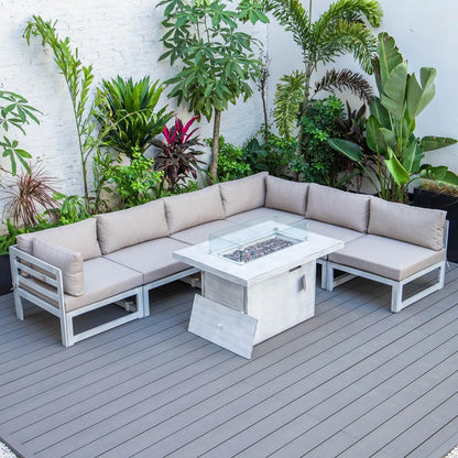 Chelsea 7-Piece Patio Sectional And Fire Pit Table In Weathered Grey Aluminum With Cushions - Elax Furniture