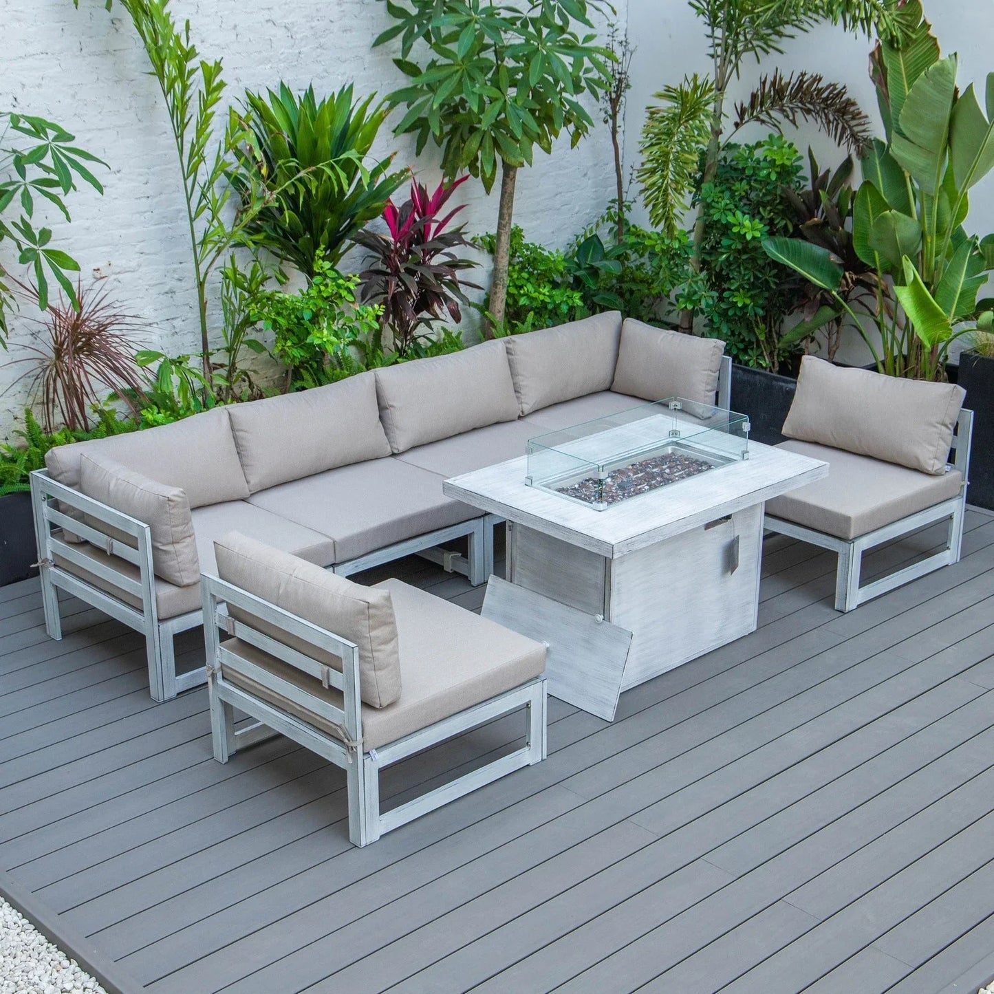 Chelsea 7-Piece Patio Sectional And Fire Pit Table In Weathered Grey Aluminum With Cushions - Elax Furniture