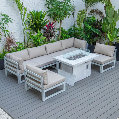 Chelsea 7-Piece Patio Sectional And Fire Pit Table In Weathered Grey Aluminum With Cushions - Elax Furniture