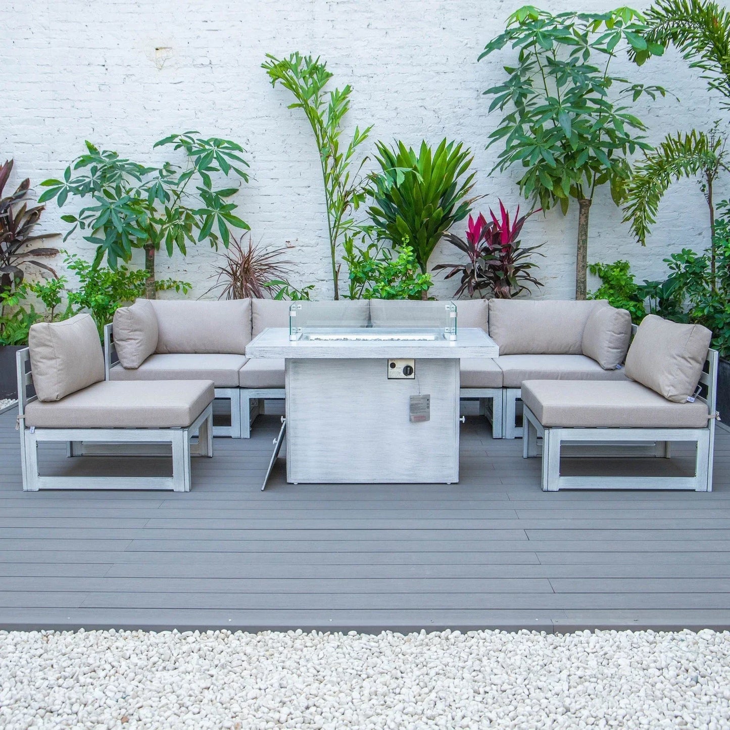 Chelsea 7-Piece Patio Sectional And Fire Pit Table In Weathered Grey Aluminum With Cushions - Elax Furniture