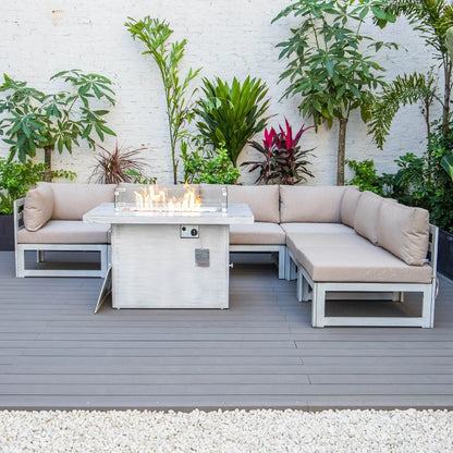 Chelsea 7-Piece Patio Sectional And Fire Pit Table In Weathered Grey Aluminum With Cushions - Elax Furniture