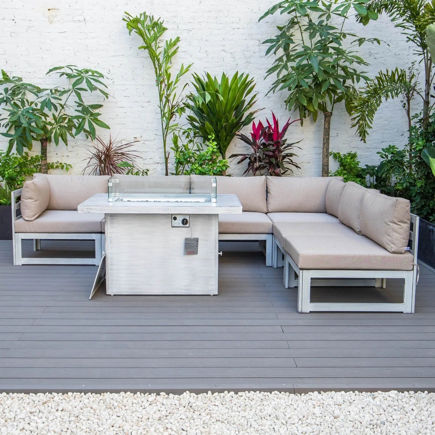 Chelsea 7-Piece Patio Sectional And Fire Pit Table In Weathered Grey Aluminum With Cushions - Elax Furniture