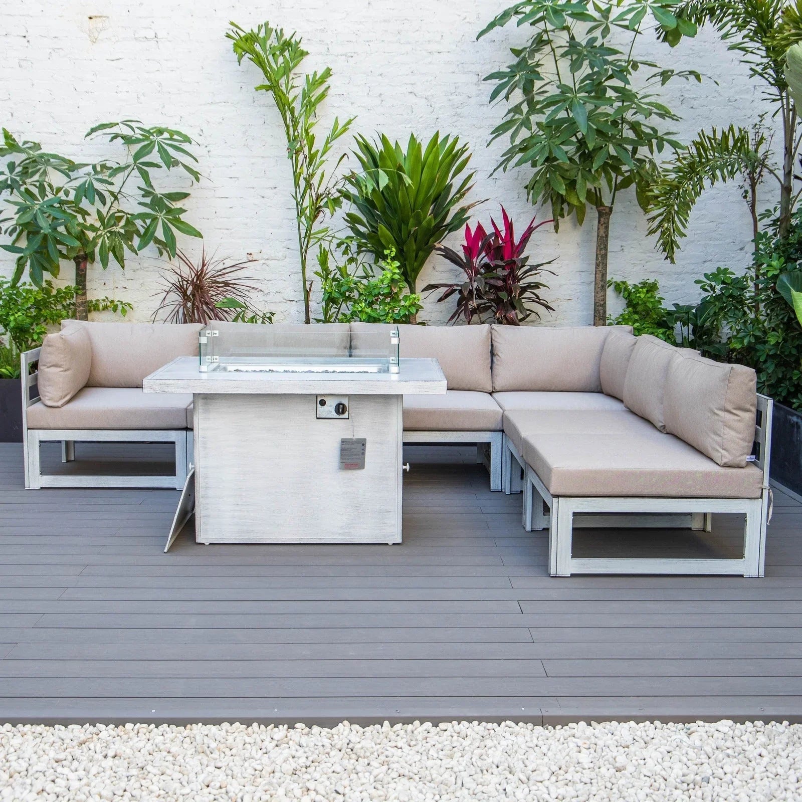 Chelsea 7-Piece Patio Sectional And Fire Pit Table In Weathered Grey Aluminum With Cushions - Elax Furniture