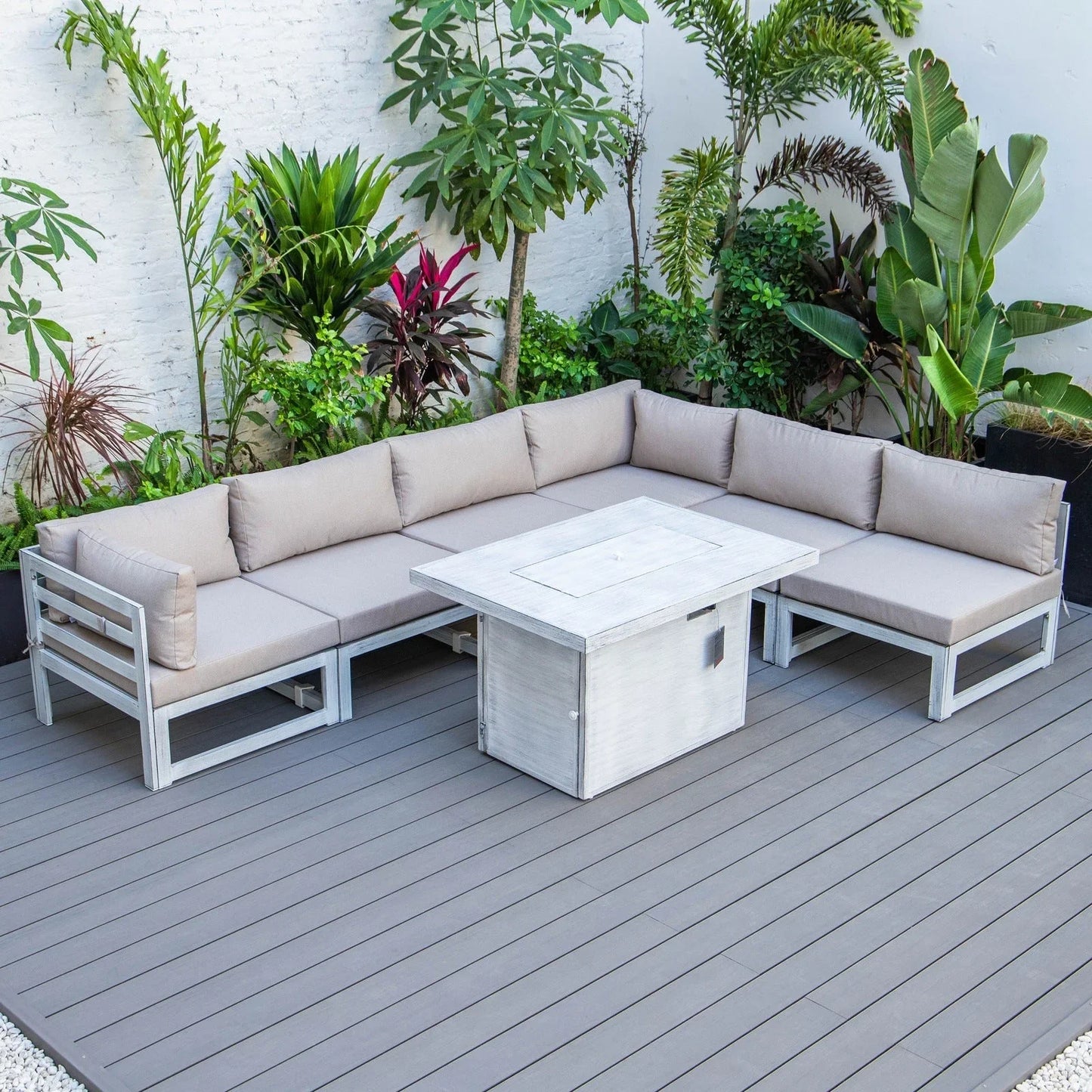 Chelsea 7-Piece Patio Sectional And Fire Pit Table In Weathered Grey Aluminum With Cushions - Elax Furniture