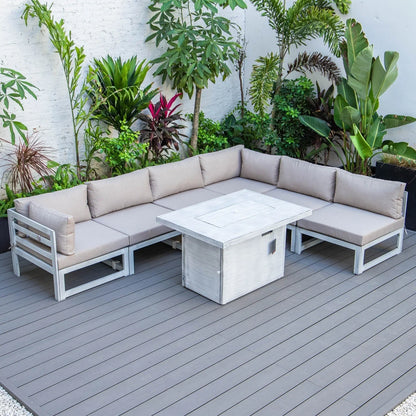 Chelsea 7-Piece Patio Sectional And Fire Pit Table In Weathered Grey Aluminum With Cushions - Elax Furniture