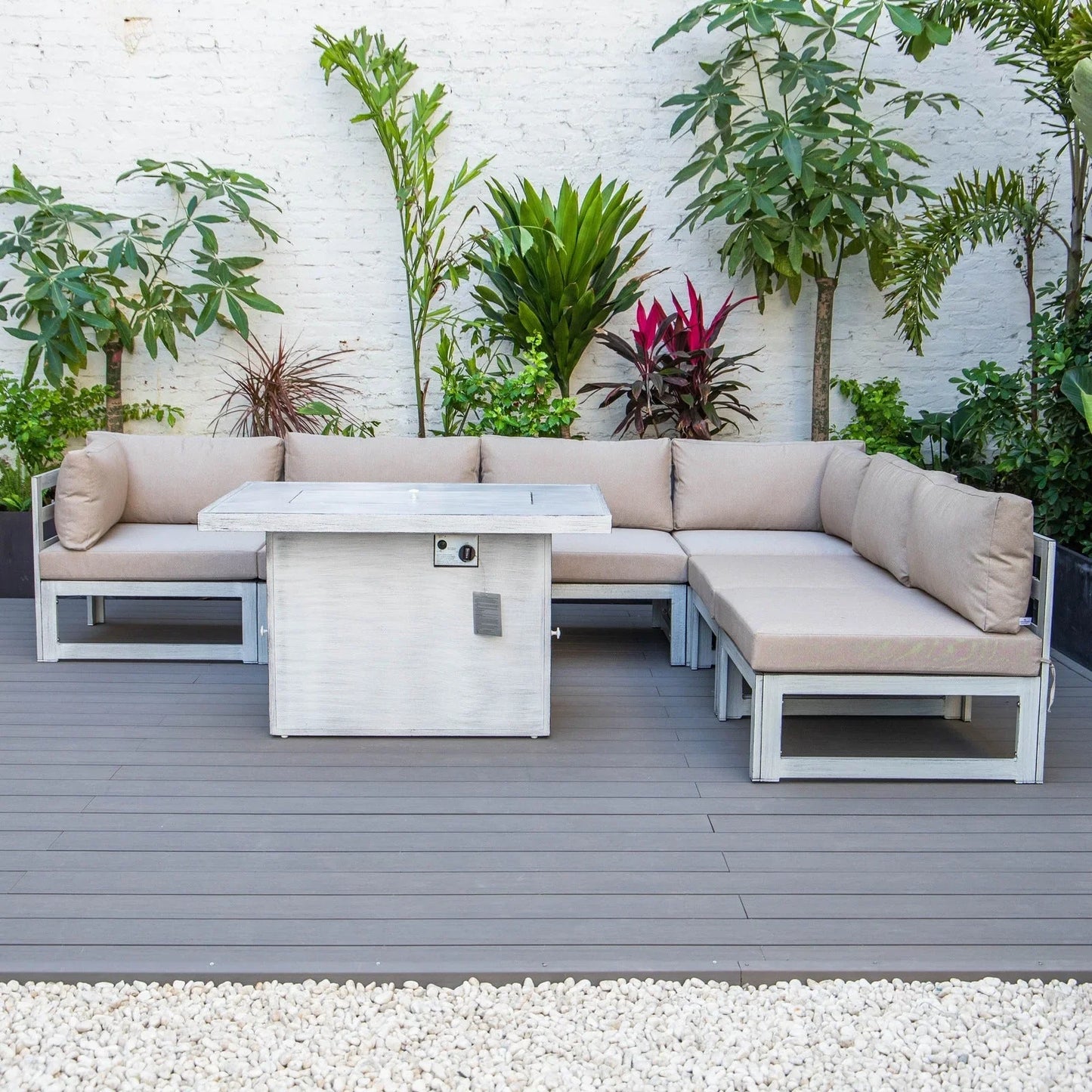 Chelsea 7-Piece Patio Sectional And Fire Pit Table In Weathered Grey Aluminum With Cushions - Elax Furniture