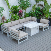 Chelsea 7-Piece Patio Sectional And Fire Pit Table In Weathered Grey Aluminum With Cushions - Elax Furniture