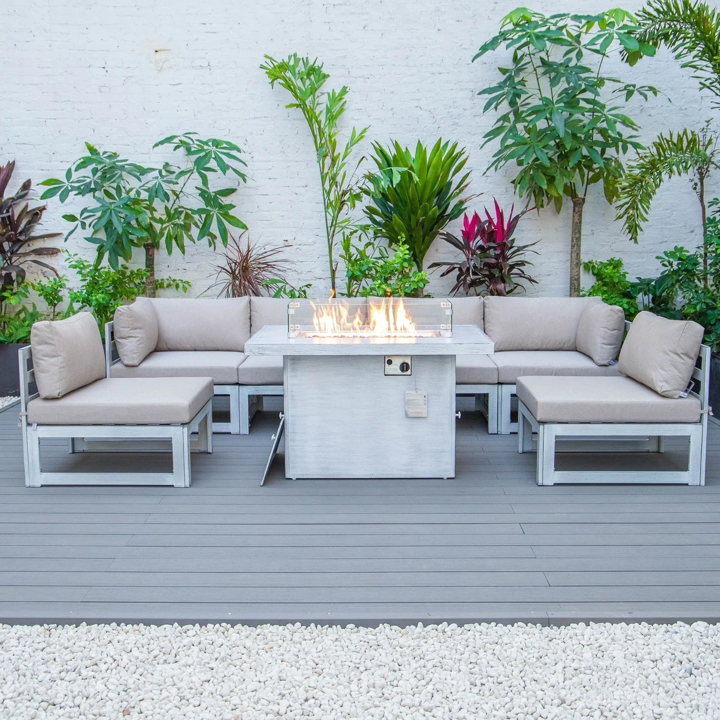 Chelsea 7-Piece Patio Sectional And Fire Pit Table In Weathered Grey Aluminum With Cushions - Elax Furniture