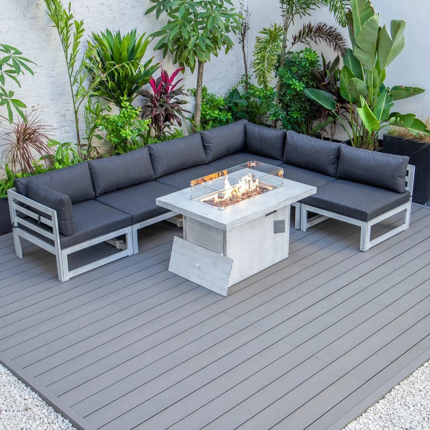 Chelsea 7-Piece Patio Sectional And Fire Pit Table In Weathered Grey Aluminum With Cushions - Elax Furniture