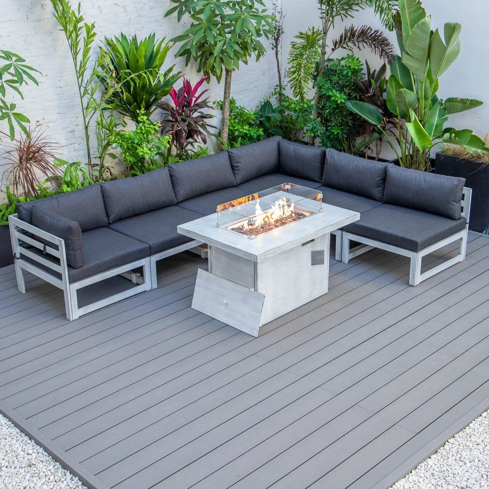 Chelsea 7-Piece Patio Sectional And Fire Pit Table In Weathered Grey Aluminum With Cushions - Elax Furniture