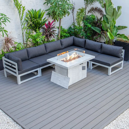 Chelsea 7-Piece Patio Sectional And Fire Pit Table In Weathered Grey Aluminum With Cushions - Elax Furniture