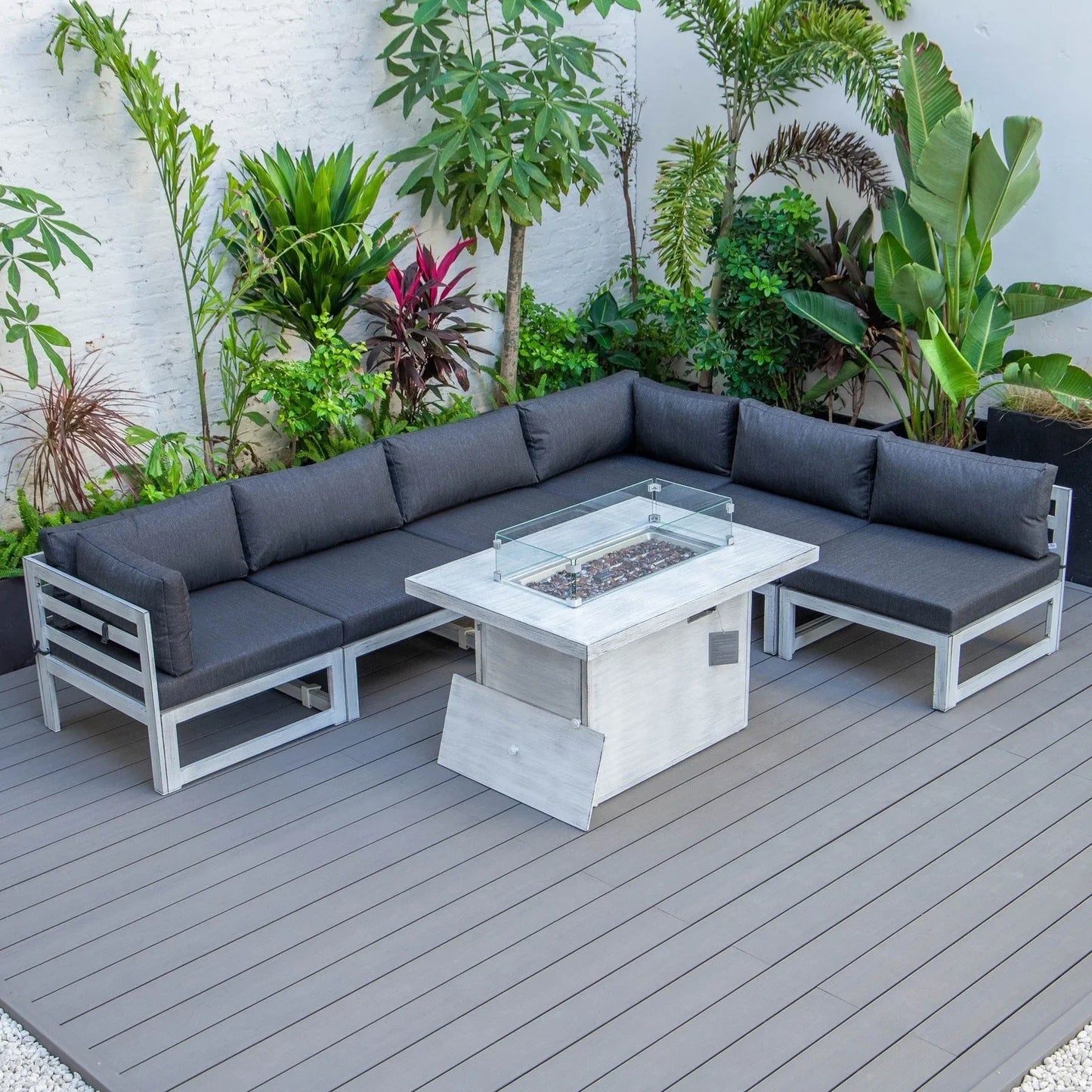 Chelsea 7-Piece Patio Sectional And Fire Pit Table In Weathered Grey Aluminum With Cushions - Elax Furniture