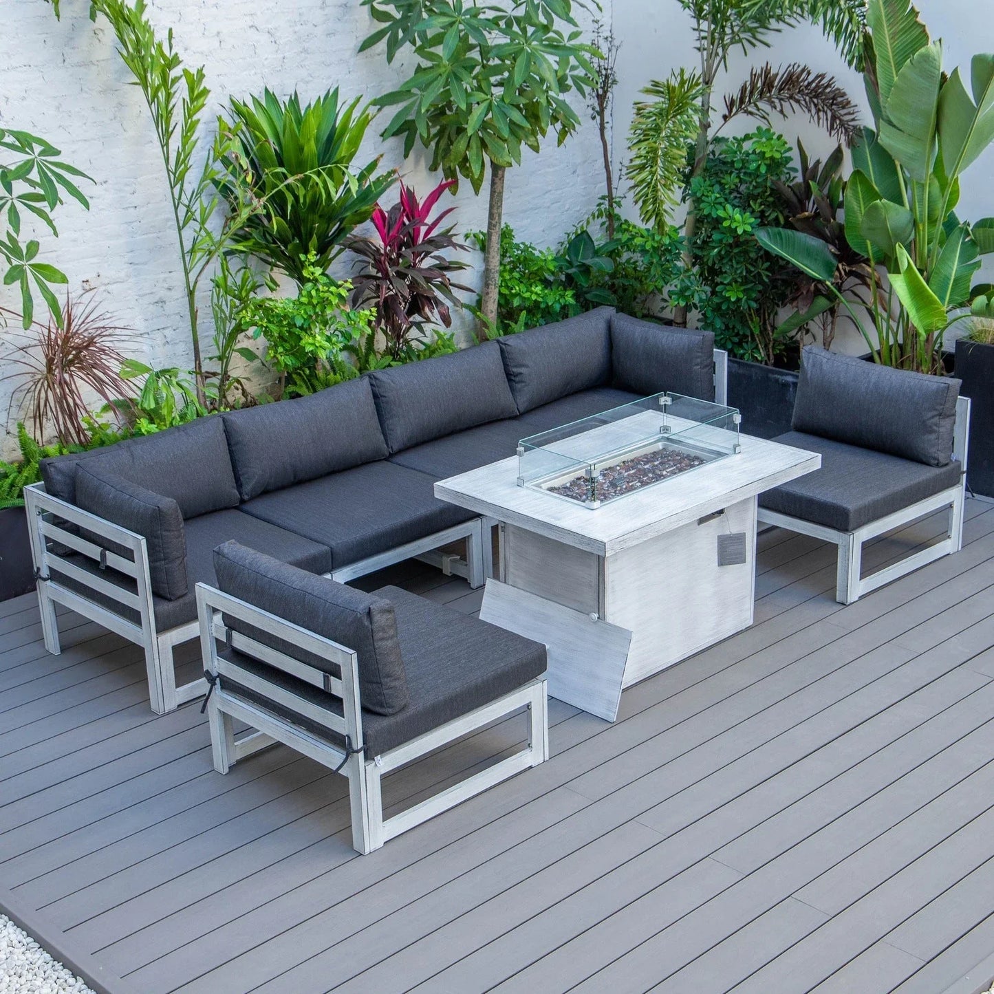 Chelsea 7-Piece Patio Sectional And Fire Pit Table In Weathered Grey Aluminum With Cushions - Elax Furniture