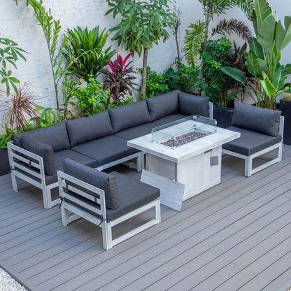 Chelsea 7-Piece Patio Sectional And Fire Pit Table In Weathered Grey Aluminum With Cushions - Elax Furniture