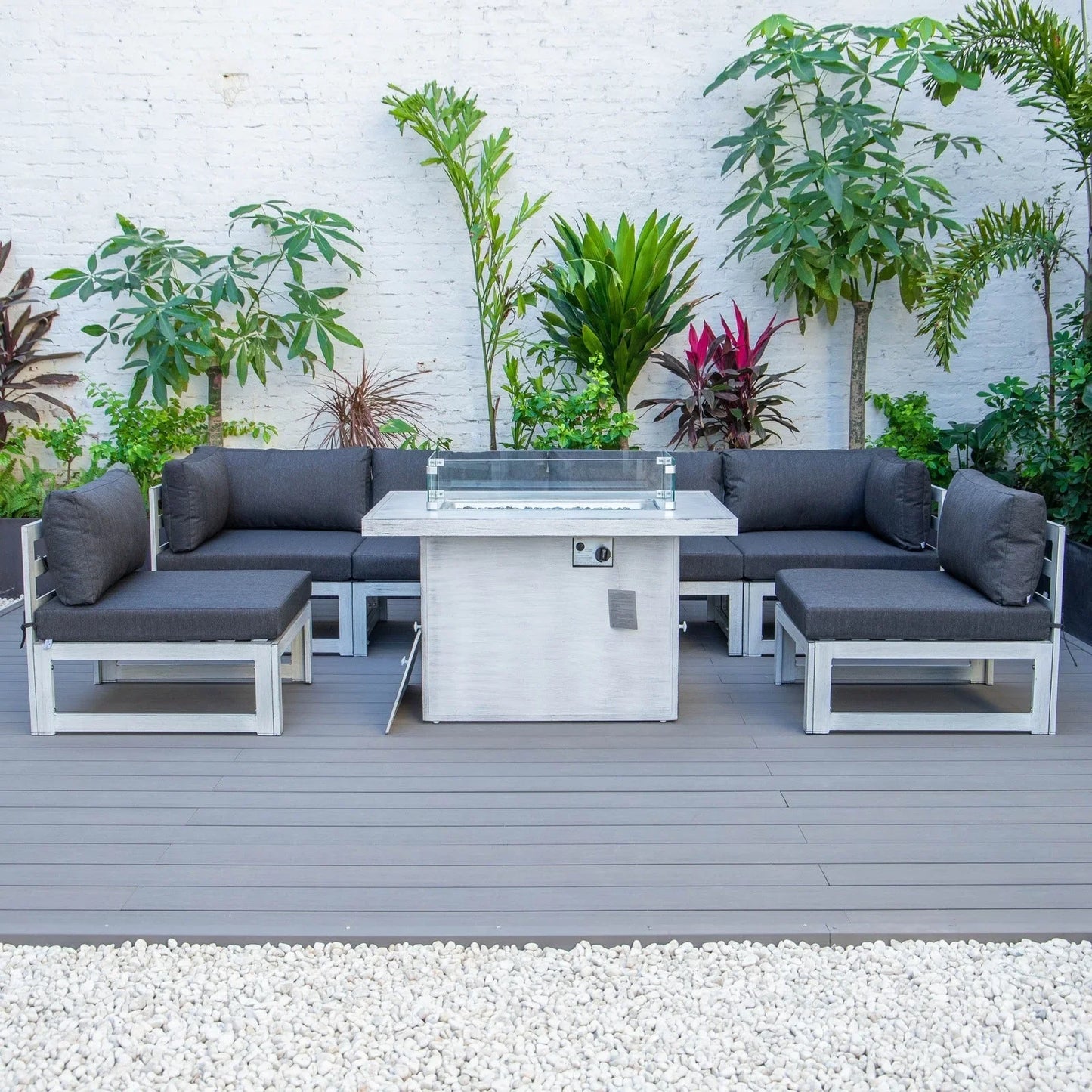 Chelsea 7-Piece Patio Sectional And Fire Pit Table In Weathered Grey Aluminum With Cushions - Elax Furniture