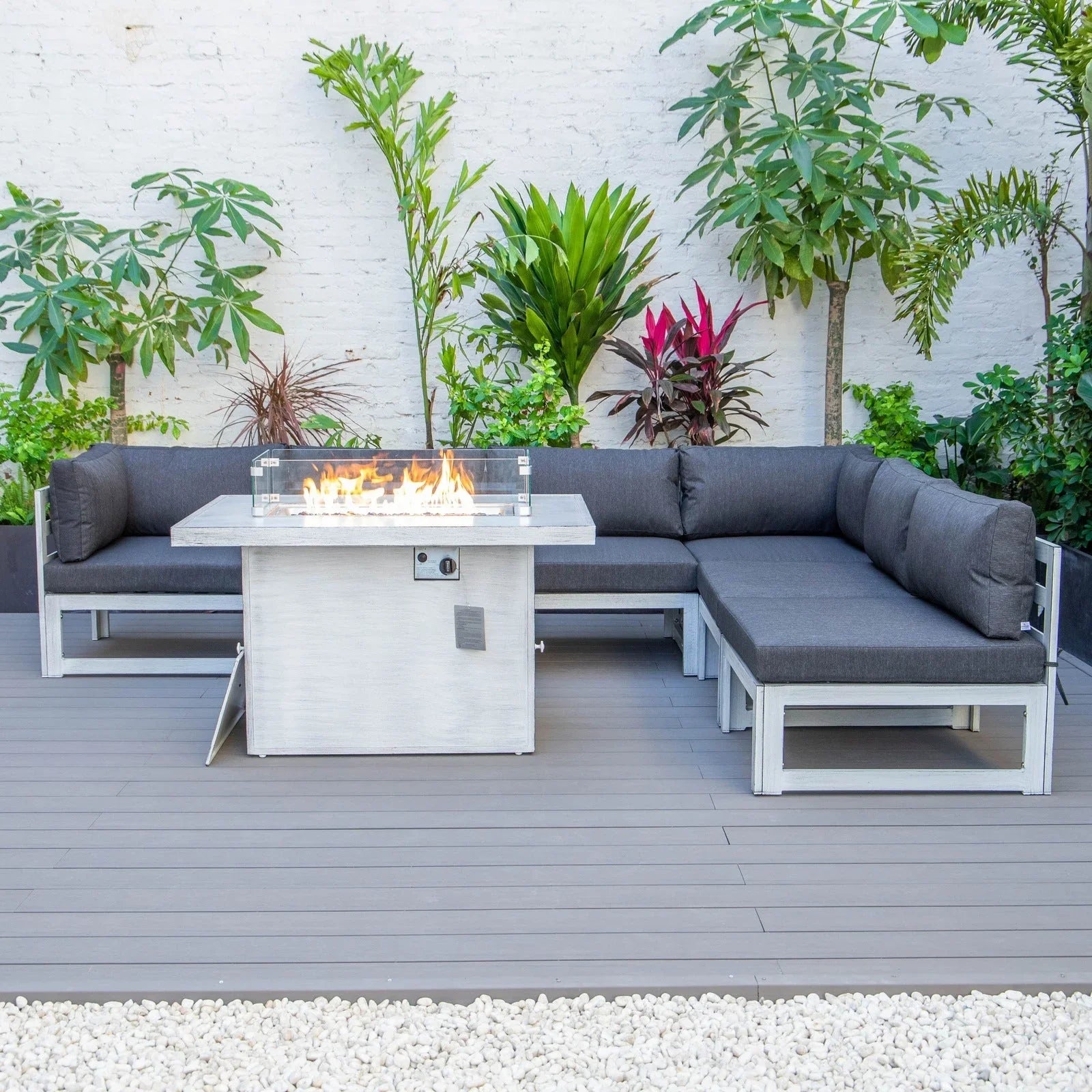Chelsea 7-Piece Patio Sectional And Fire Pit Table In Weathered Grey Aluminum With Cushions - Elax Furniture