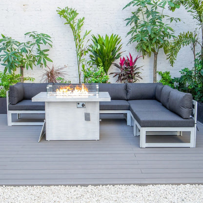 Chelsea 7-Piece Patio Sectional And Fire Pit Table In Weathered Grey Aluminum With Cushions - Elax Furniture