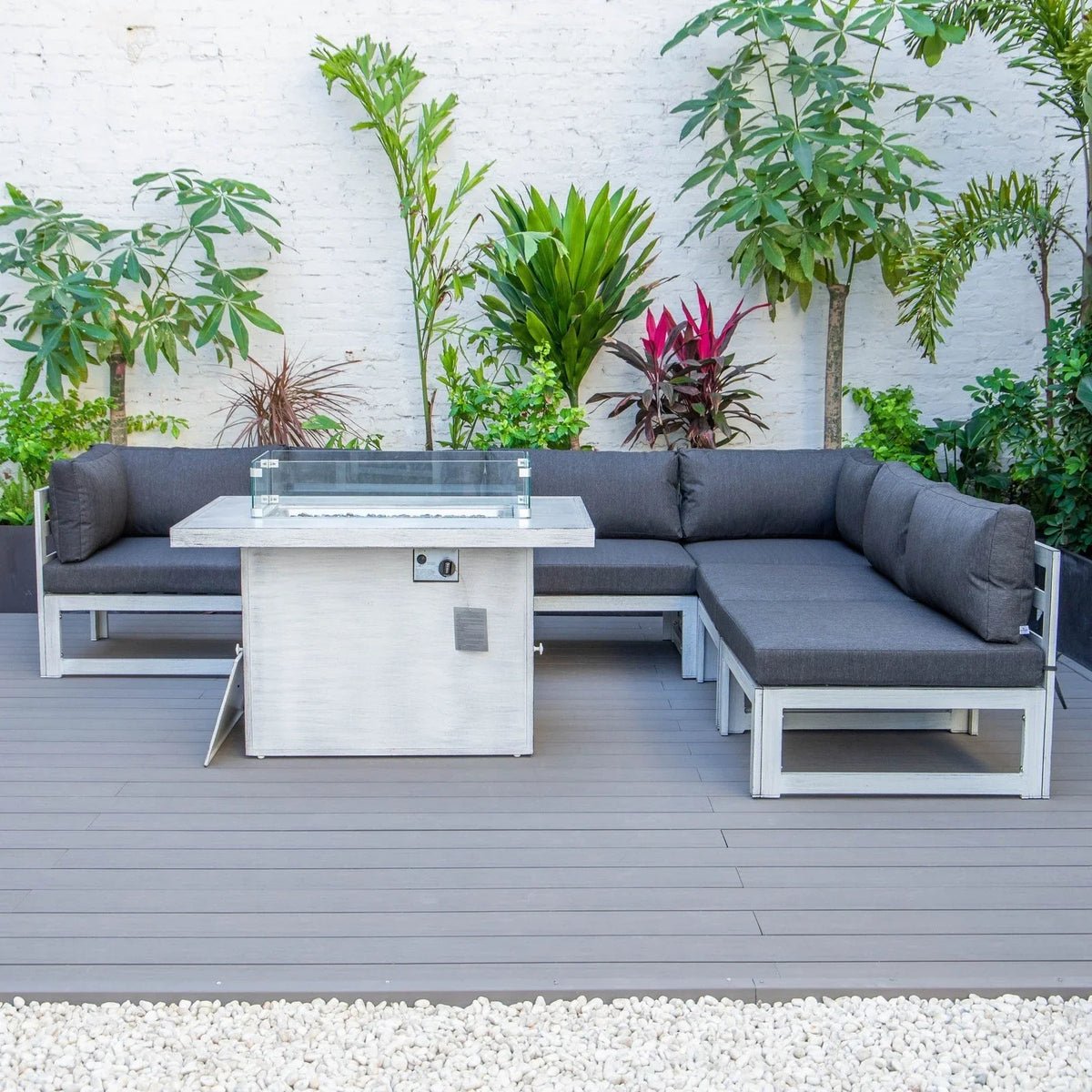 Chelsea 7-Piece Patio Sectional And Fire Pit Table In Weathered Grey Aluminum With Cushions - Elax Furniture