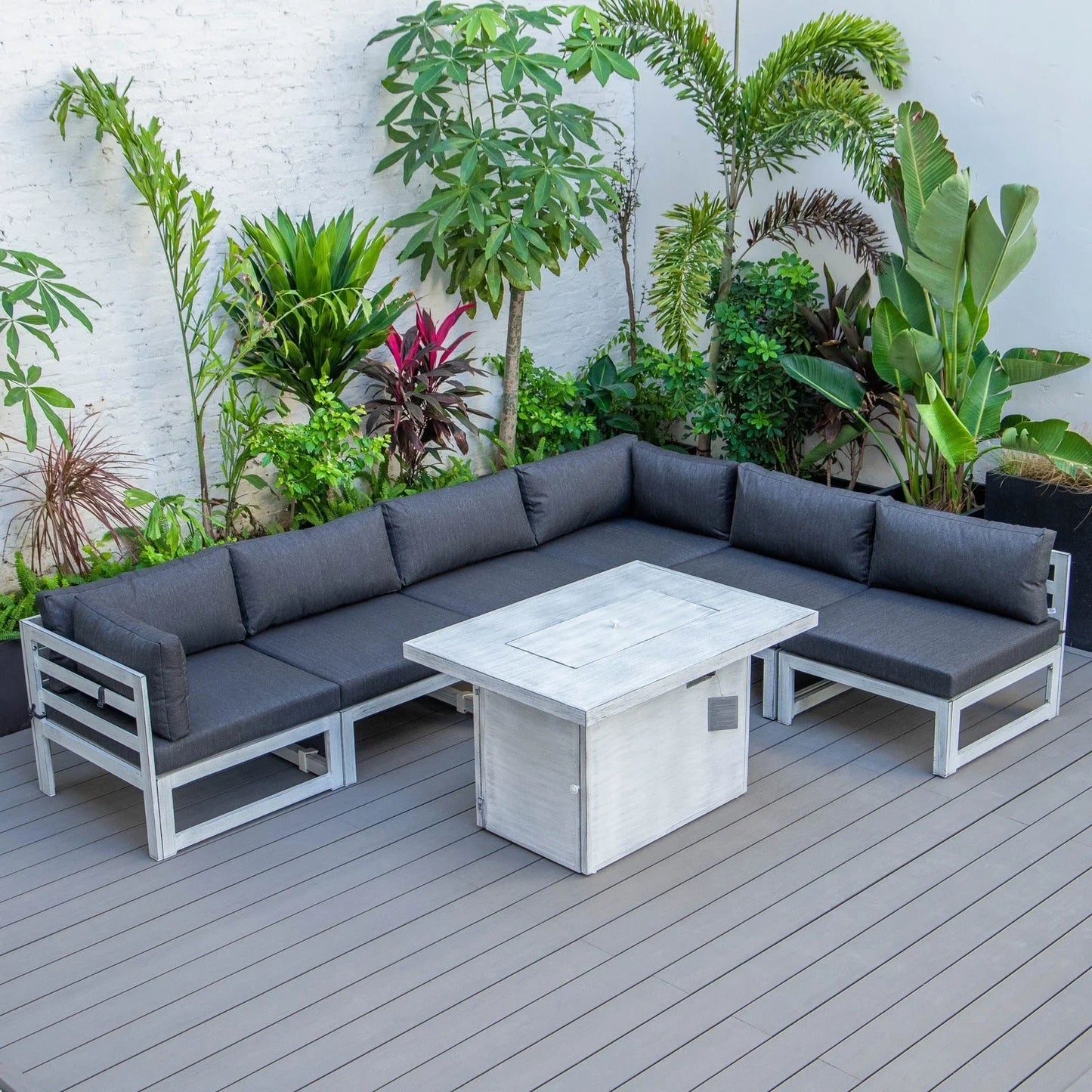Chelsea 7-Piece Patio Sectional And Fire Pit Table In Weathered Grey Aluminum With Cushions - Elax Furniture