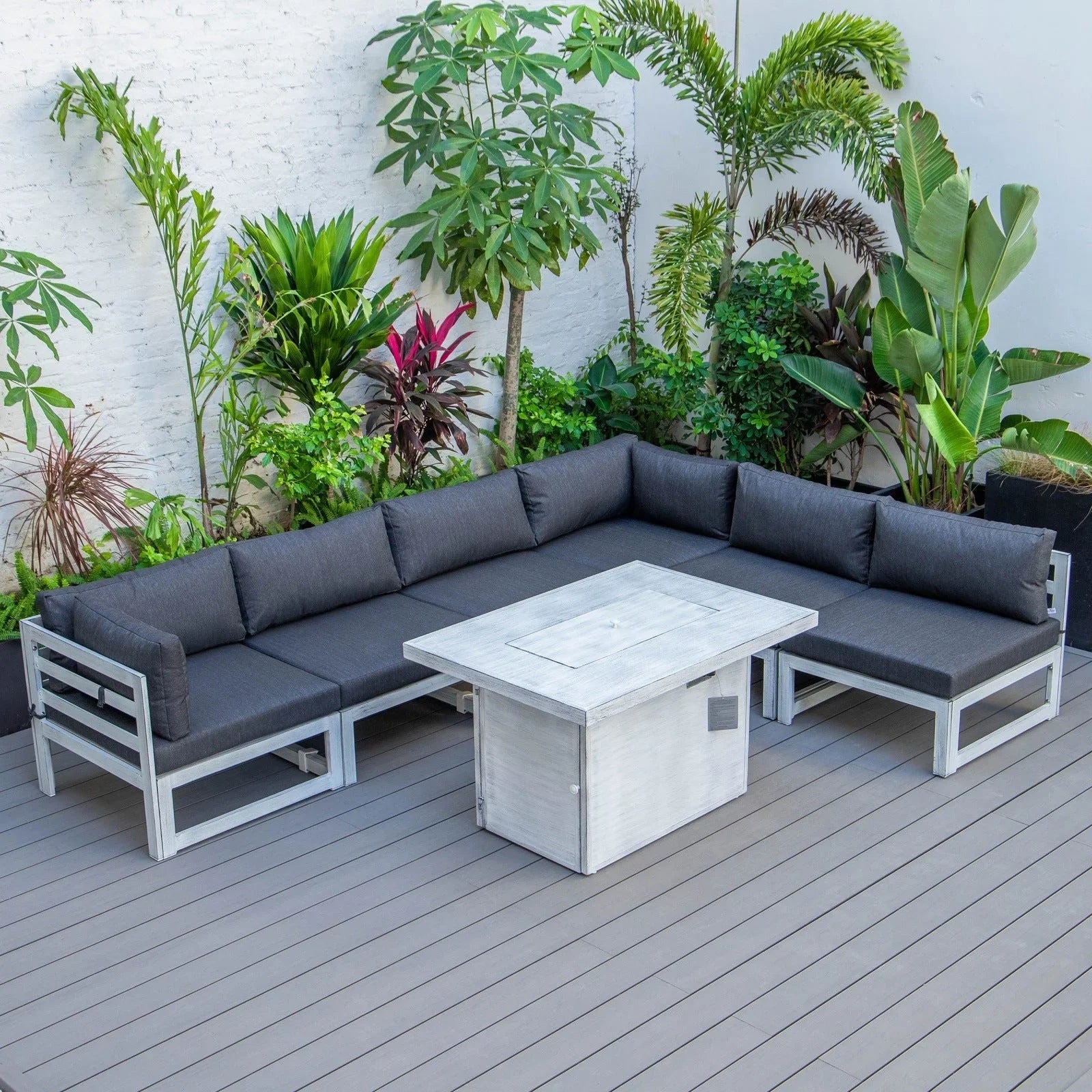 Chelsea 7-Piece Patio Sectional And Fire Pit Table In Weathered Grey Aluminum With Cushions - Elax Furniture