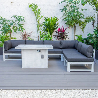 Chelsea 7-Piece Patio Sectional And Fire Pit Table In Weathered Grey Aluminum With Cushions - Elax Furniture